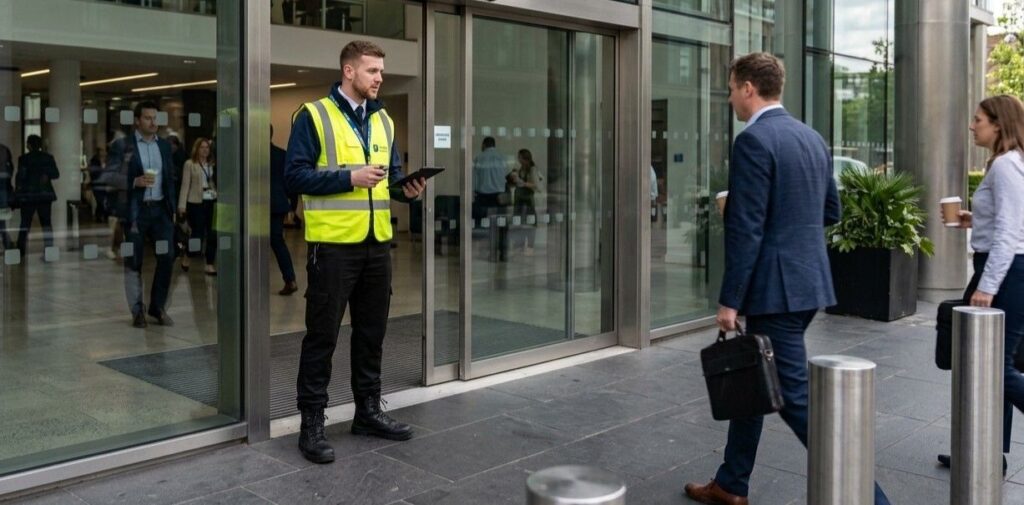 SIA licensed security officer providing manned guarding services at the entrance of a modern UK commercial building, ensuring safety and access control.