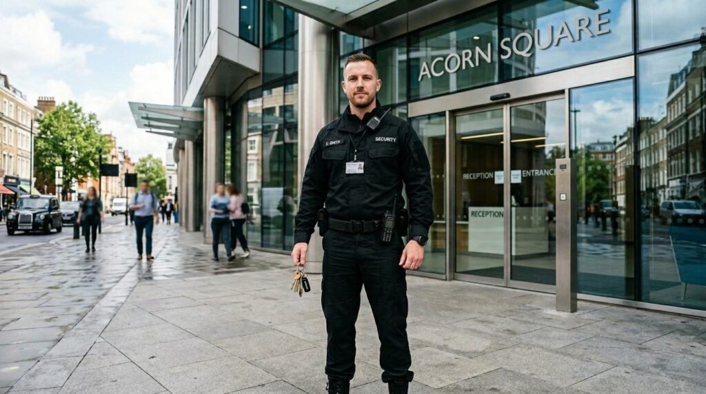 SIA licensed security officer holding a set of keys outside a modern office building as part of key holding services UK.