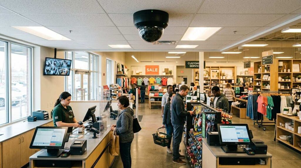 Retail store interior with ceiling-mounted CCTV camera monitoring the checkout counter and customer area to prevent theft and improve overall business security.