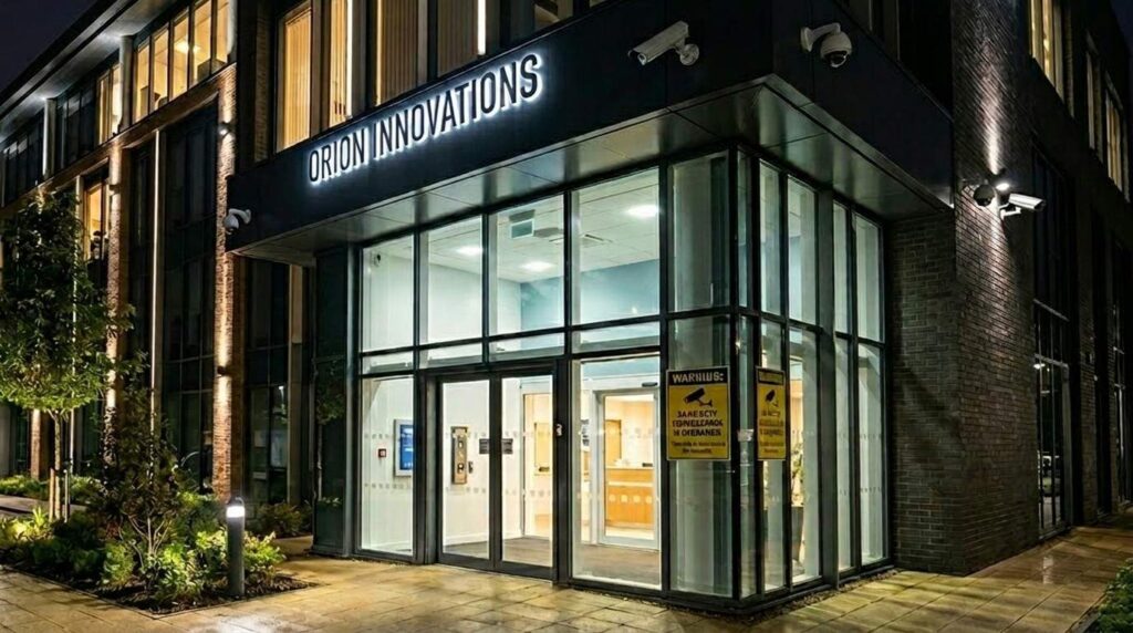A modern commercial building exterior in the UK at night with visible CCTV cameras mounted on the walls and entrance, showing secure business premises under surveillance.