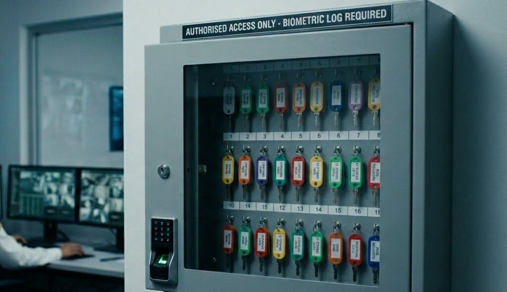 Secure key storage cabinet inside a professional security office with keyholding services, where labelled keys organised safely under controlled access conditions.