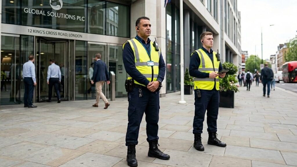 Professional SIA licensed security guards standing outside a corporate building in the UK, representing private security contractors UK providing protection services.