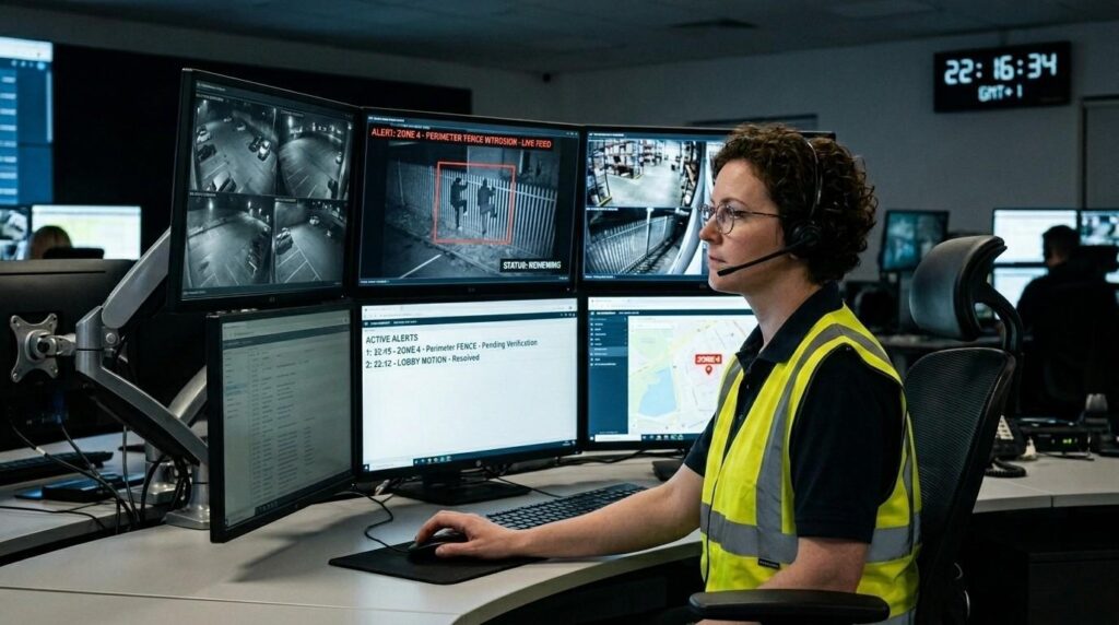 Security operator in a remote security monitoring centre reviewing live CCTV footage on multiple screens to verify a security alert in real time.