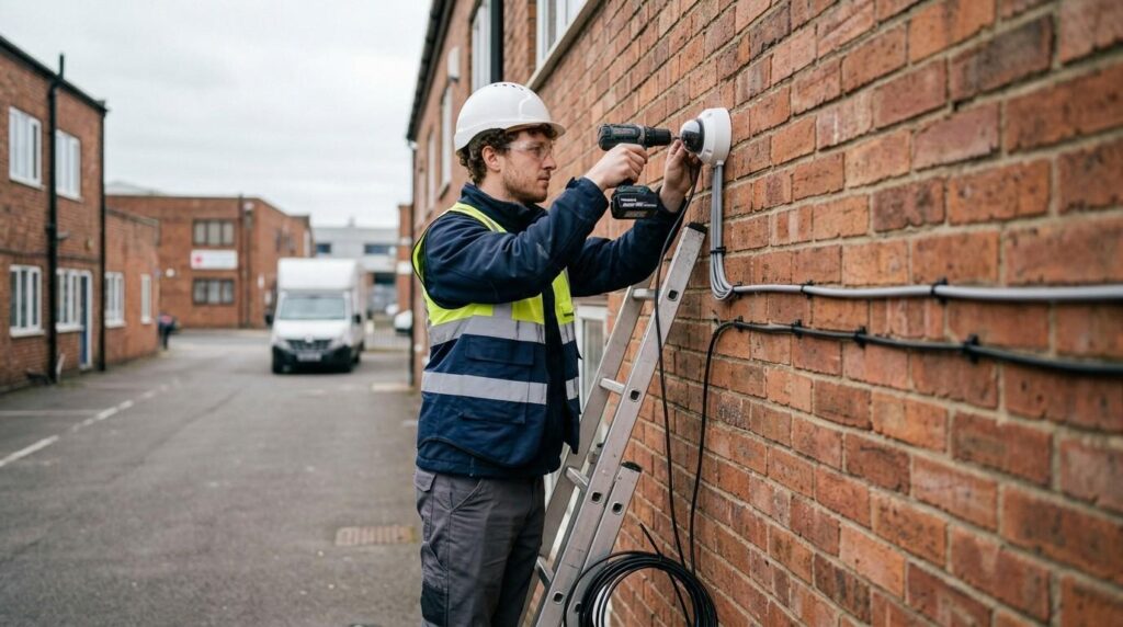 Technician installing CCTV camera on an external brick wall of a commercial property while running and securing cables during CCTV installation work.