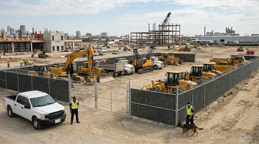 Large industrial construction site with heavy equipment secured by security personnel and patrol dogs showing benefits of K9 security for construction sites.