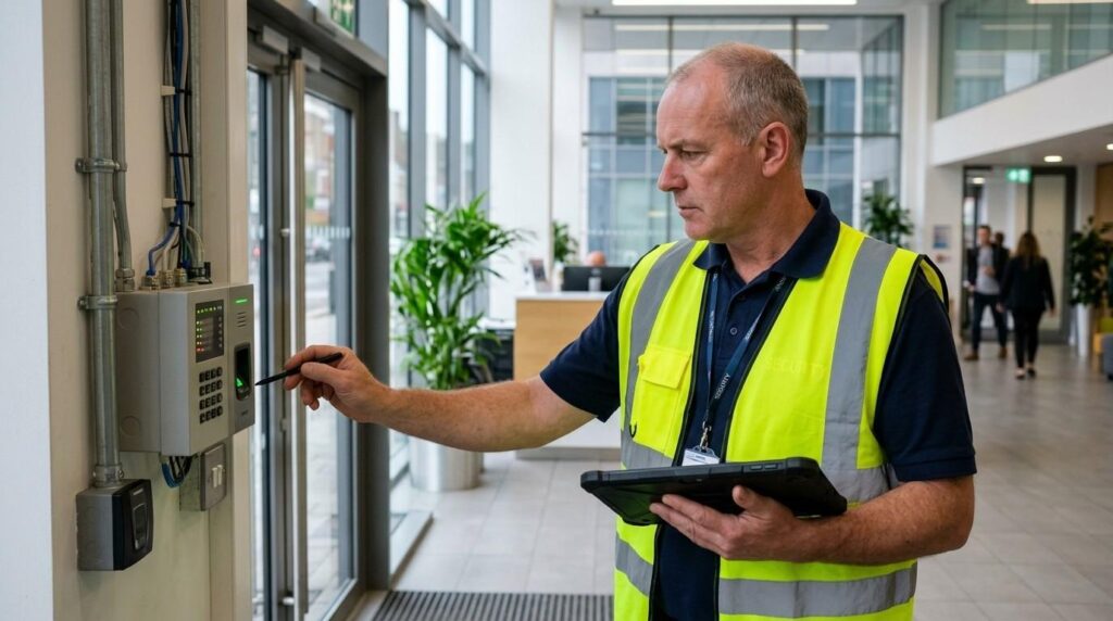 Security professional inspecting building security systems and access control during a physical security risk assessment.