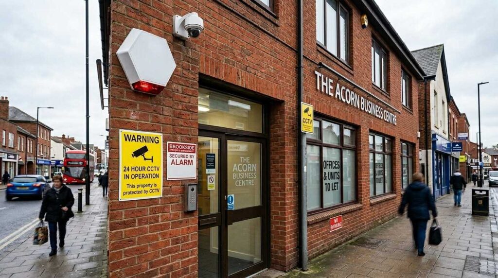 Commercial building in the UK with a visible security alarm bell box and warning signage indicating a monitored security alarm system installed for business protection.