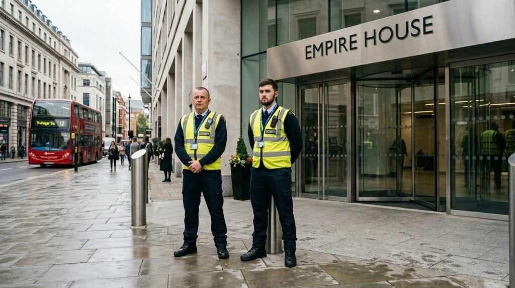 Professional security guards standing outside a commercial building in the UK providing manned guarding services.