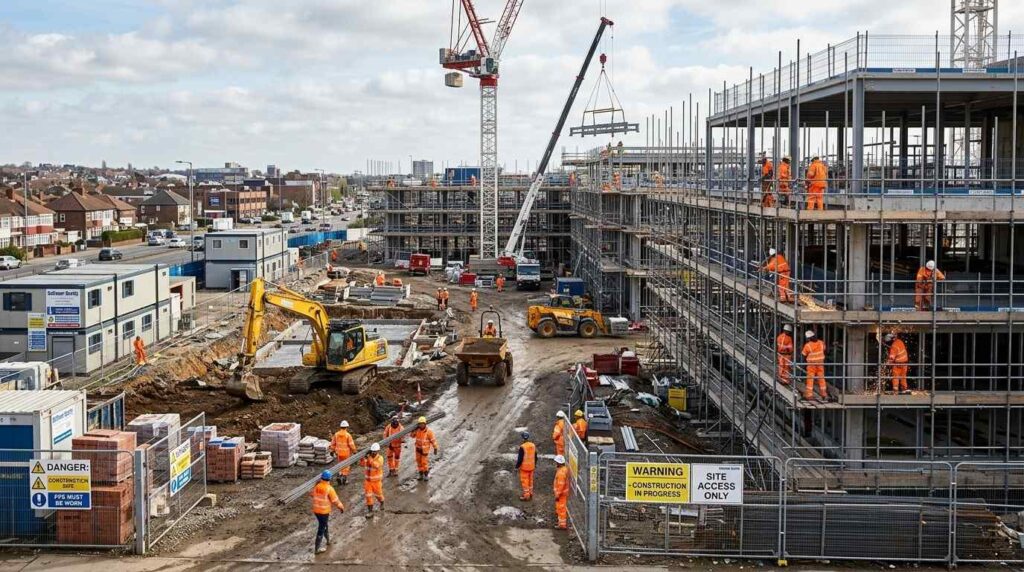 Large UK construction site with scaffolding, heavy machinery, secure fencing, and workers wearing high-visibility clothing carrying out construction work during daylight hours.