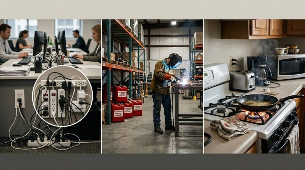 Composite image showing a commercial office, industrial warehouse and residential property with common fire risks including overloaded electrical sockets, cooking appliances, flammable liquid containers, and welding activities.