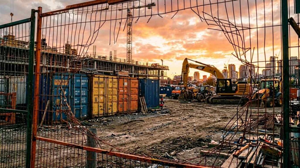 Construction site storage containers and machinery visible through a damaged temporary fence at sunset showing the need for construction security.