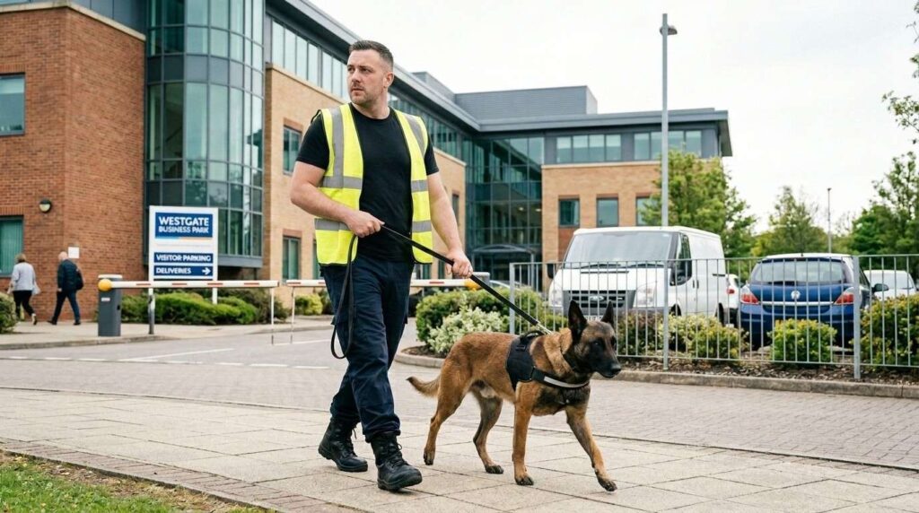 Professional security dog and handler patrolling a commercial property entrance in the UK during daylight, monitoring access points and providing visible security presence.
