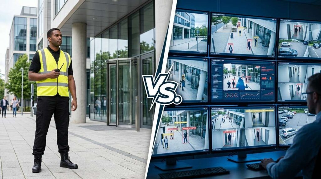 Split-screen image showing an SIA licensed security officer standing outside a modern office building and a security control room operator monitoring AI-powered CCTV screens.
