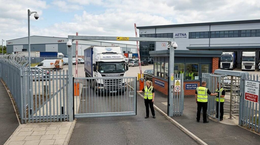 Secure commercial premises with access control gates, CCTV surveillance and security personnel showing a comprehensive security system.
