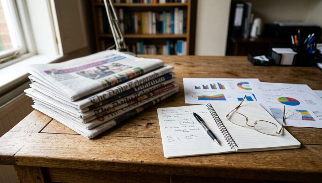 Stack of UK newspapers on a wooden desk with crime-related headlines partially visible beside a notebook and reading glasses.