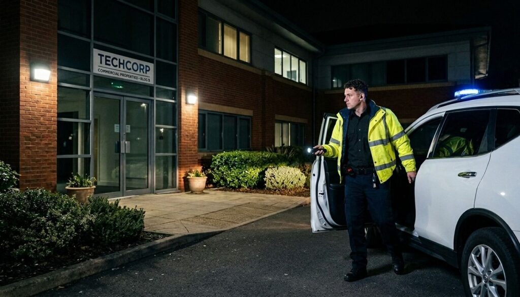 Alarm response services officer inspecting a commercial property after responding to a security alarm.