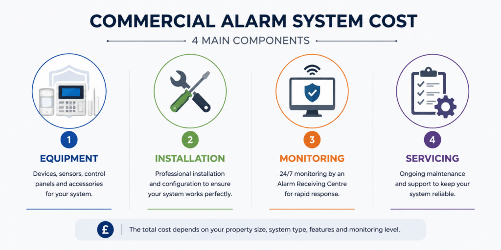 Minimal infographic showing the four main components of commercial alarm system cost, including the equipment, installation, monitoring and servicing.Â