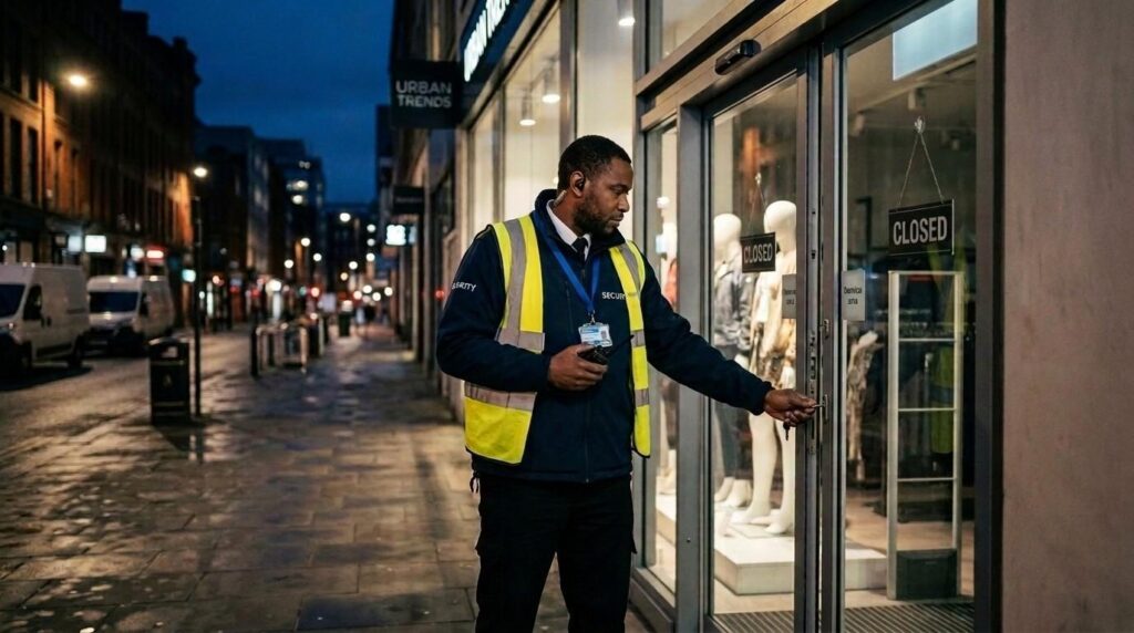 Professional SIA-licensed security officer standing outside a modern retail store after closing, ensuring the premises are properly locked and secure for the night after the completion of retail store opening and closing security checklist.