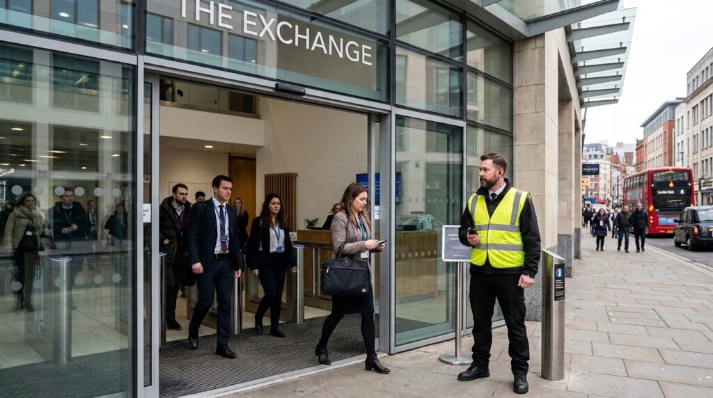 Professional security guard standing outside a modern UK commercial building, monitoring the entrance while employees and visitors enter the premises during business hours.
