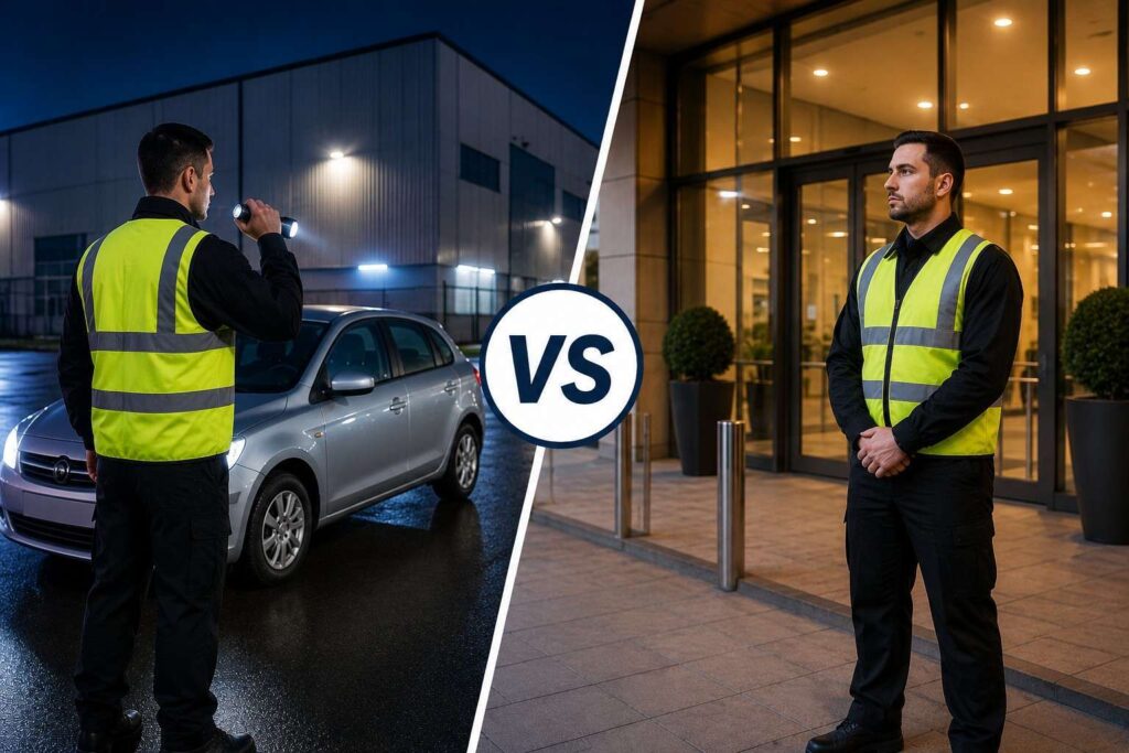 Split-screen showing a mobile security patrol officer beside a patrol vehicle and a static security guard standing outside a commercial building entrance.