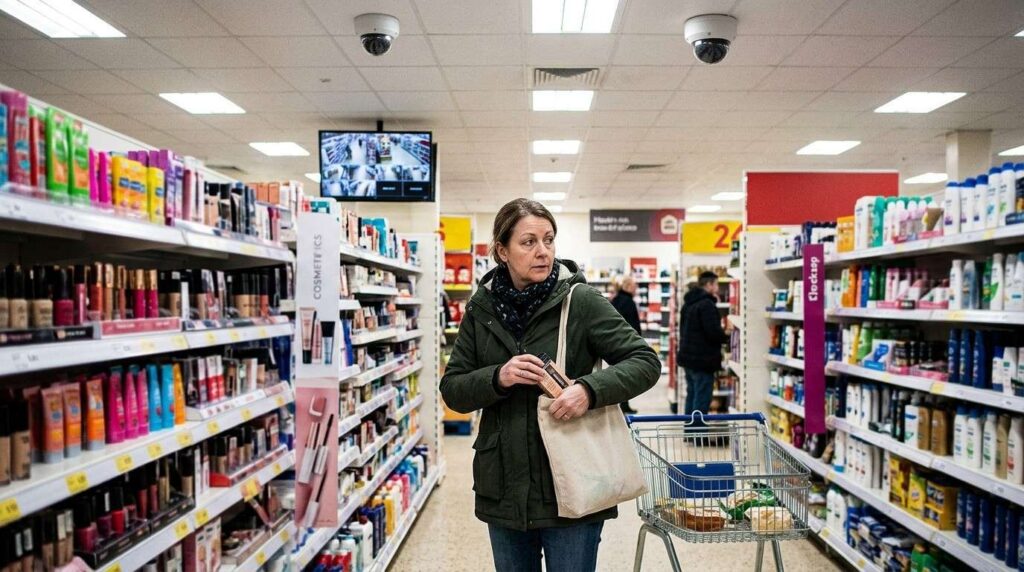 Person discreetly placing a cosmetic product into a bag inside a supermarket aisle while CCTV cameras monitor the store showing visuals of shoplifting UK.