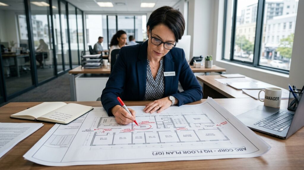 A business manager reviewing a printed floor plan of commercial premises and marking vulnerable areas, access points and important rooms.