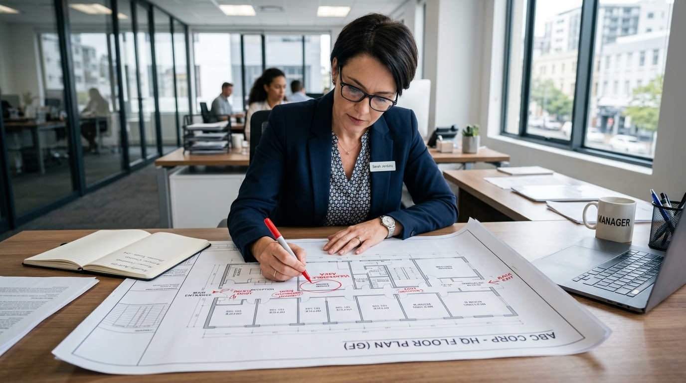 A business manager reviewing a printed floor plan of commercial premises and marking vulnerable areas, access points and important rooms.