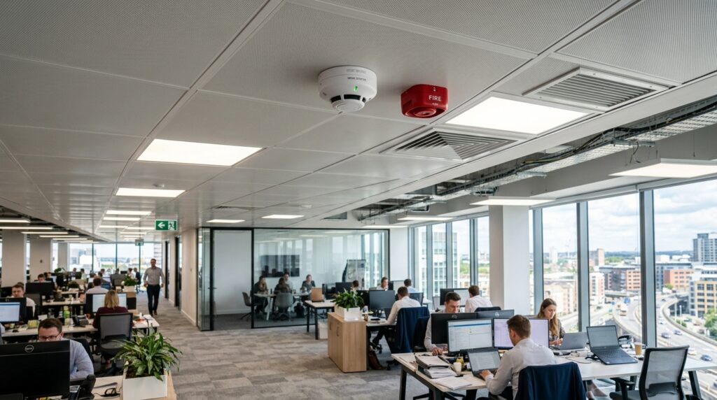Modern UK commercial office building with visible smoke detectors and fire alarm devices installed on the ceiling, representing types of fire alarm in commercial premises.