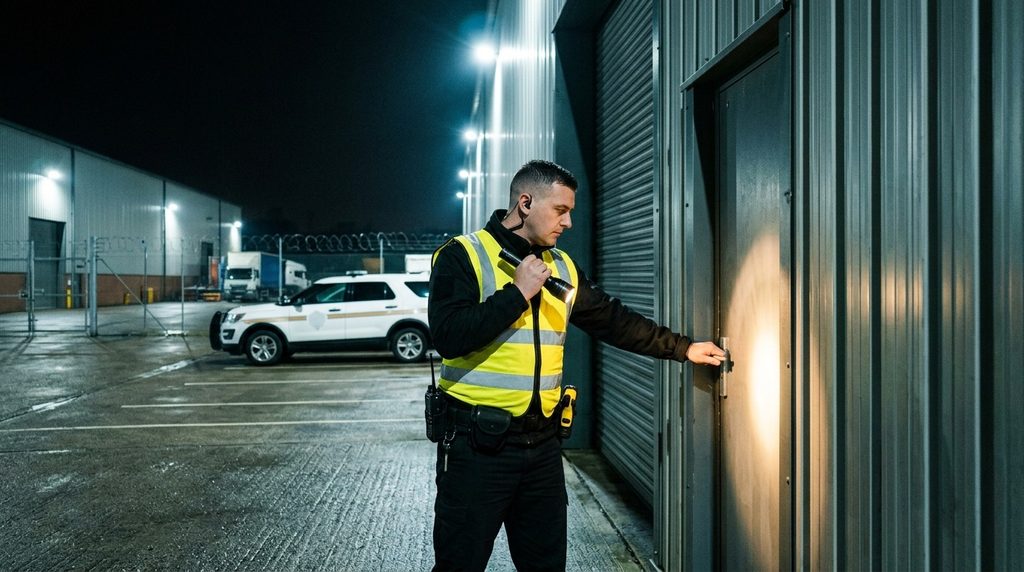 Security patrol officer inspecting a warehouse loading area at night, checking doors, entry points, vehicles and surrounding perimeter for signs of damage or unauthorised access.
