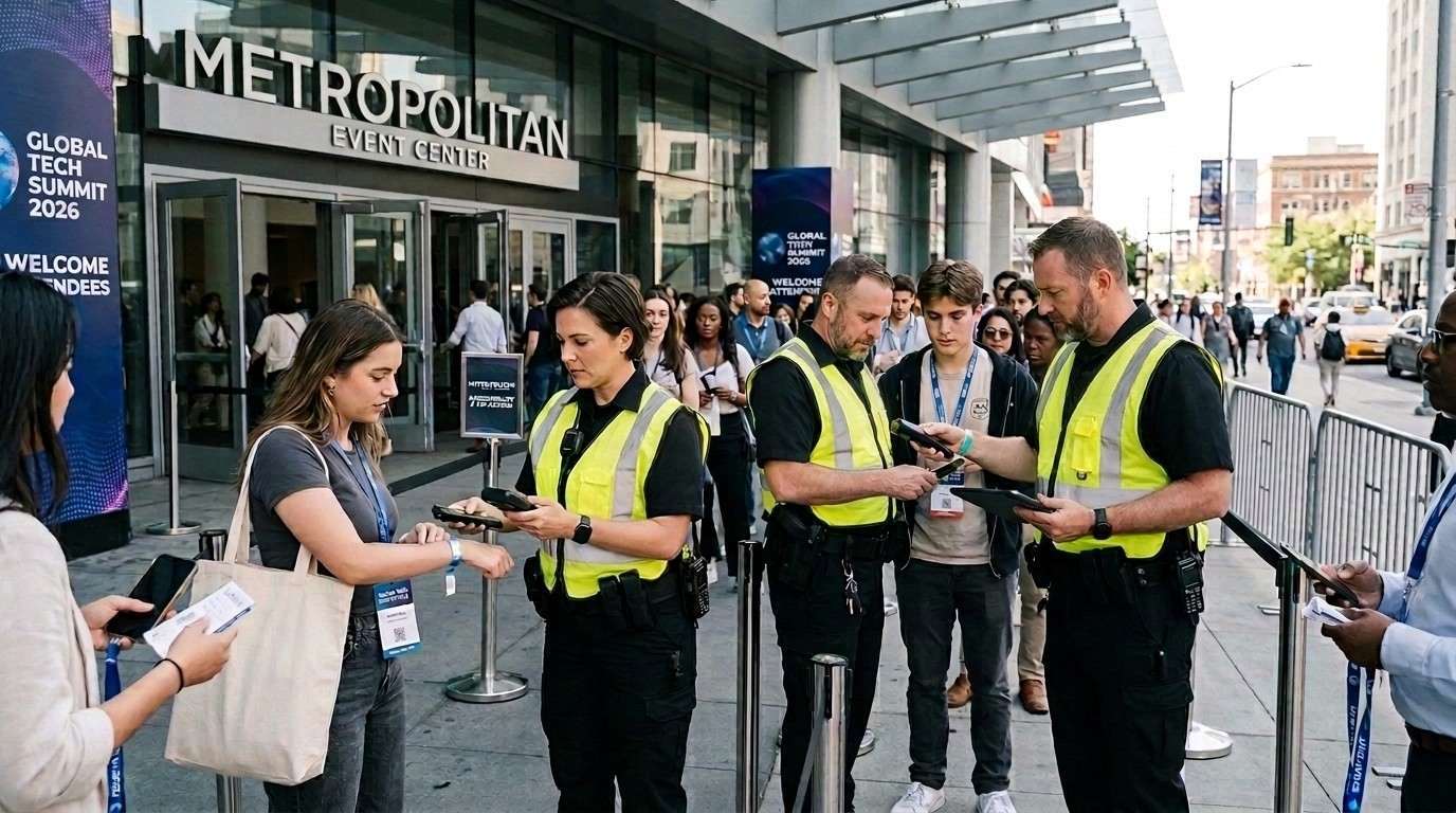 Security personnel are stationed at the entrance of a modern event venue, diligently checking guest credentials to ensure safety and control access points.