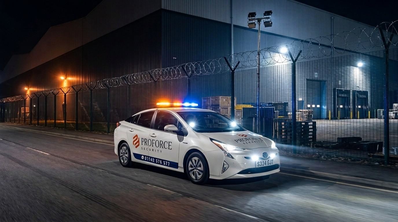 A marked security patrol vehicle driving along the perimeter fence of a warehouse at night, equipped with high-visibility lighting showing mobile patrol security for warehouses.